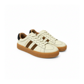 A pair of low-top sneakers in off-white leather with three brown suede stripes, a brown gum sole, and a black heel tab. The word 'SUPERNOVA' is printed in gold on the side of the front shoe.