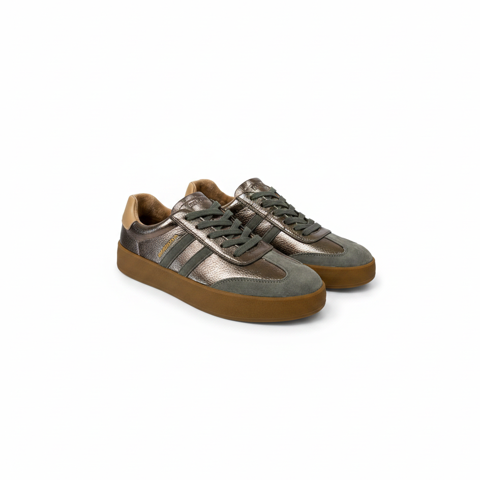 A pair of low-top sneakers with metallic bronze and dark gray panels, dark gray laces, and brown gum soles, shown on a white background.