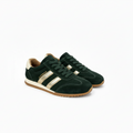 A pair of dark green suede sneakers with metallic gold three-stripes, gold 'SUPERNOVA' branding, and brown gum soles, shown on a white background.